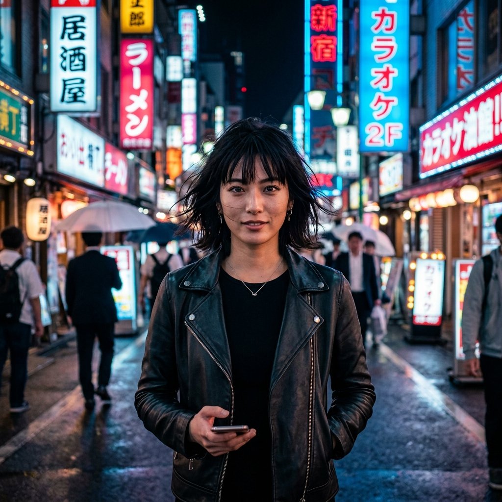 A gorgeous girl, in a neon lit tokyo street, staring intensely directly at the lens, sharp 8k photog
