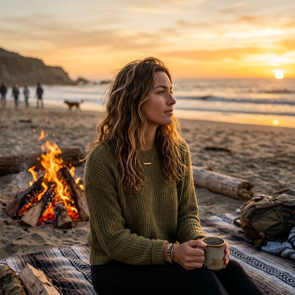 An attractive aesthetic person, at a golden hour beach bonfire, looking thoughtfully off-camera, sha