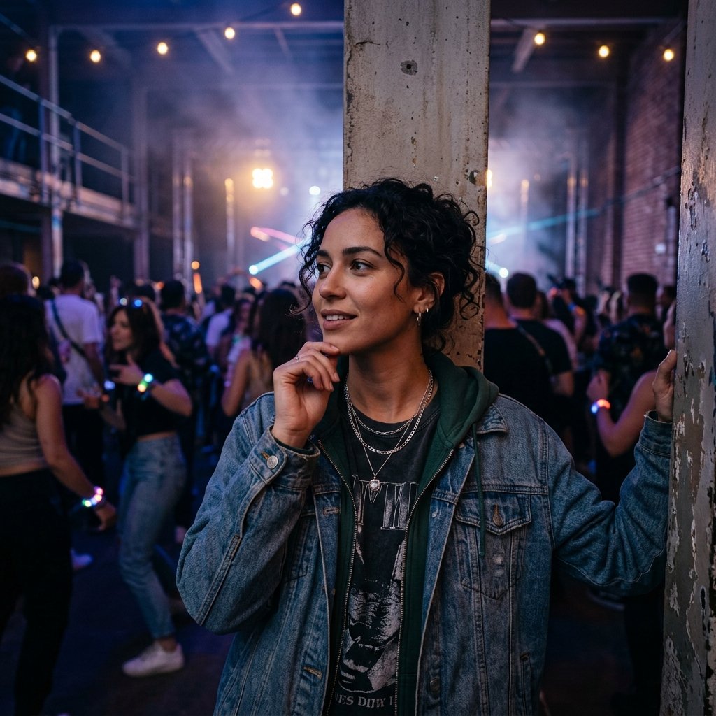 An attractive aesthetic person, at an electric underground music festival, looking thoughtfully off-