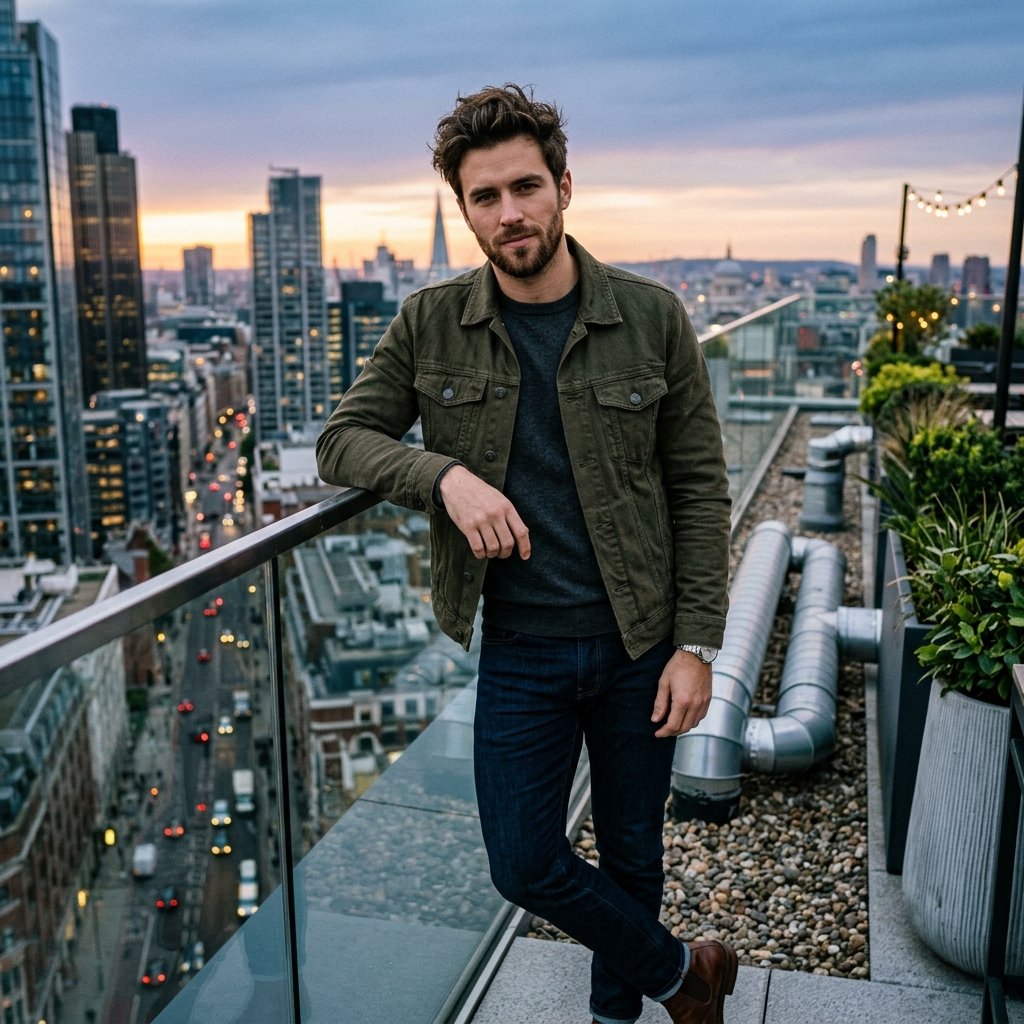 An attractive aesthetic person, standing casually on a skyscraper rooftop, staring intensely directl