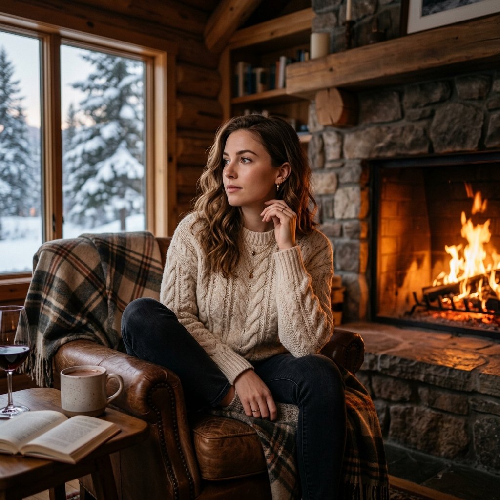 A stylish young woman, in a cozy snowy cabin by the fire, looking thoughtfully off-camera, sharp 8k