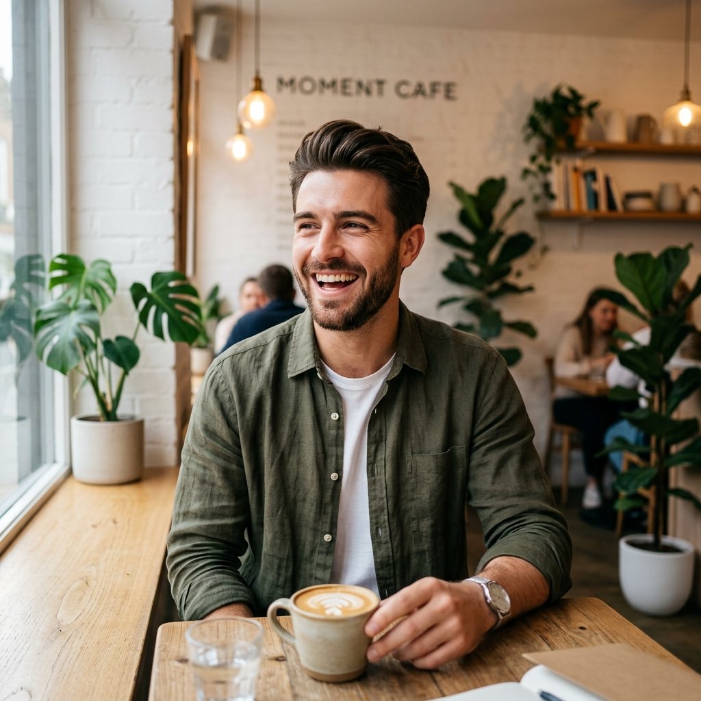 A handsome young man, in an aesthetic minimalist cafe, laughing warmly, sharp 8k photography, cinema
