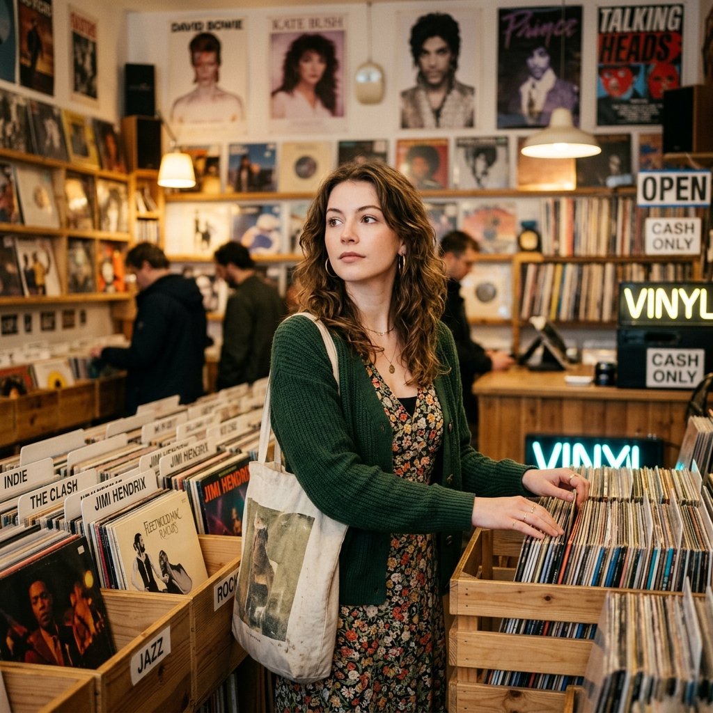 A stylish young woman, browsing in a vintage record store, looking thoughtfully off-camera, sharp 8k