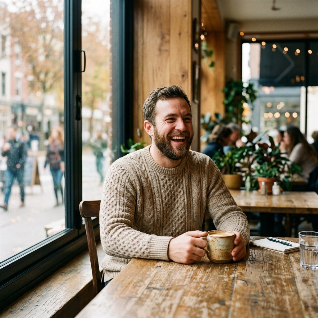 A man sitting at a rustic wooden table by a large cafe window, holding a ceramic mug, laughing natur