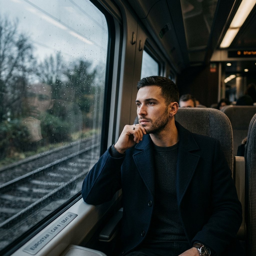 Moody editorial portrait of a stylish guy on a modern train, looking thoughtfully out the window, we