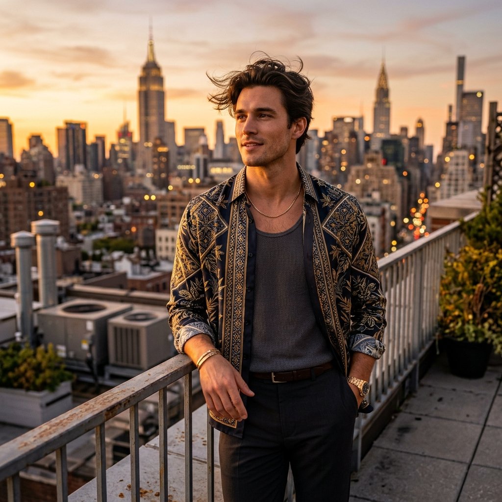 High-fashion casual shot of a man on a city rooftop at sunset, wind blowing slightly through his hai
