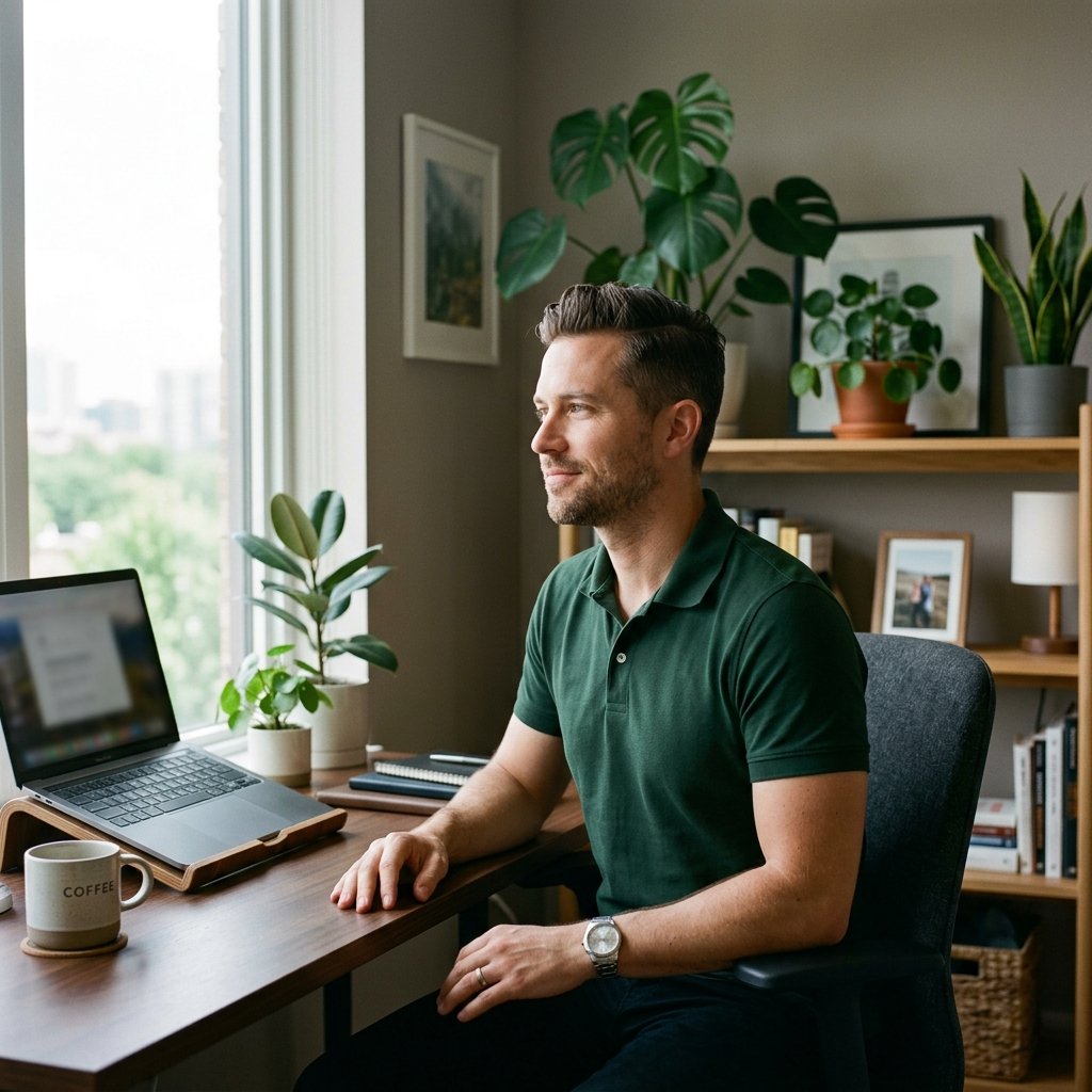 Professional yet relaxed shot of a man in a modern home office, natural light from a large window, b
