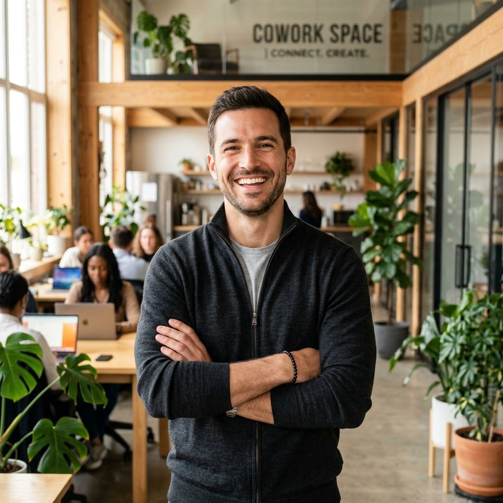 Mid-shot of a handsome man in a modern coworking space, wearing a casual zip-up sweater, arms crosse