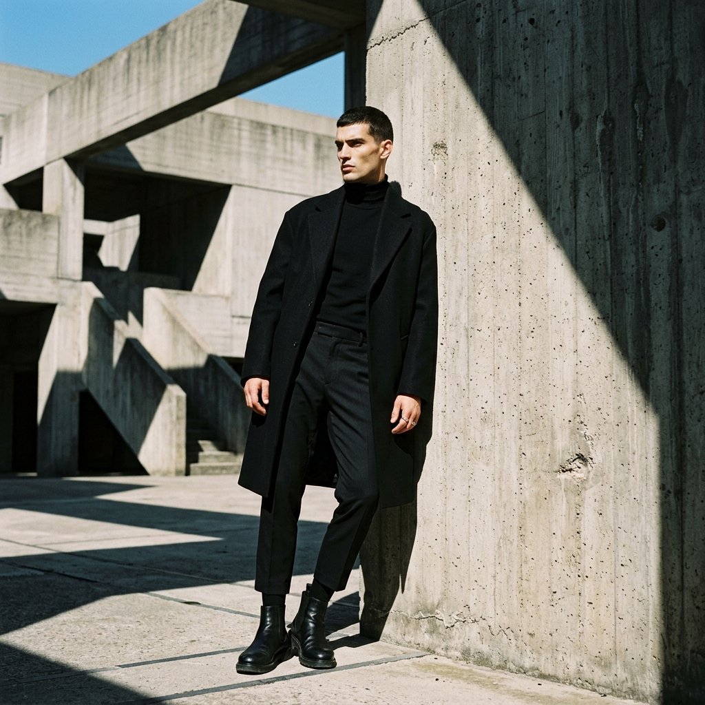 A man leaning against a brutalist concrete wall, sharp sunlight creating geometric shadows, minimali