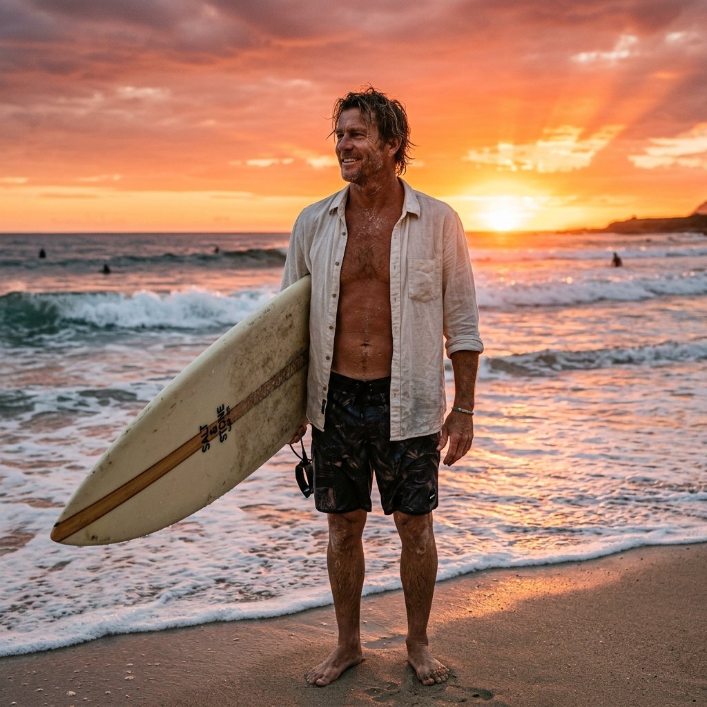 Golden hour portrait of a man on a beach holding a surfboard, wet hair, salt on skin, wearing an unb