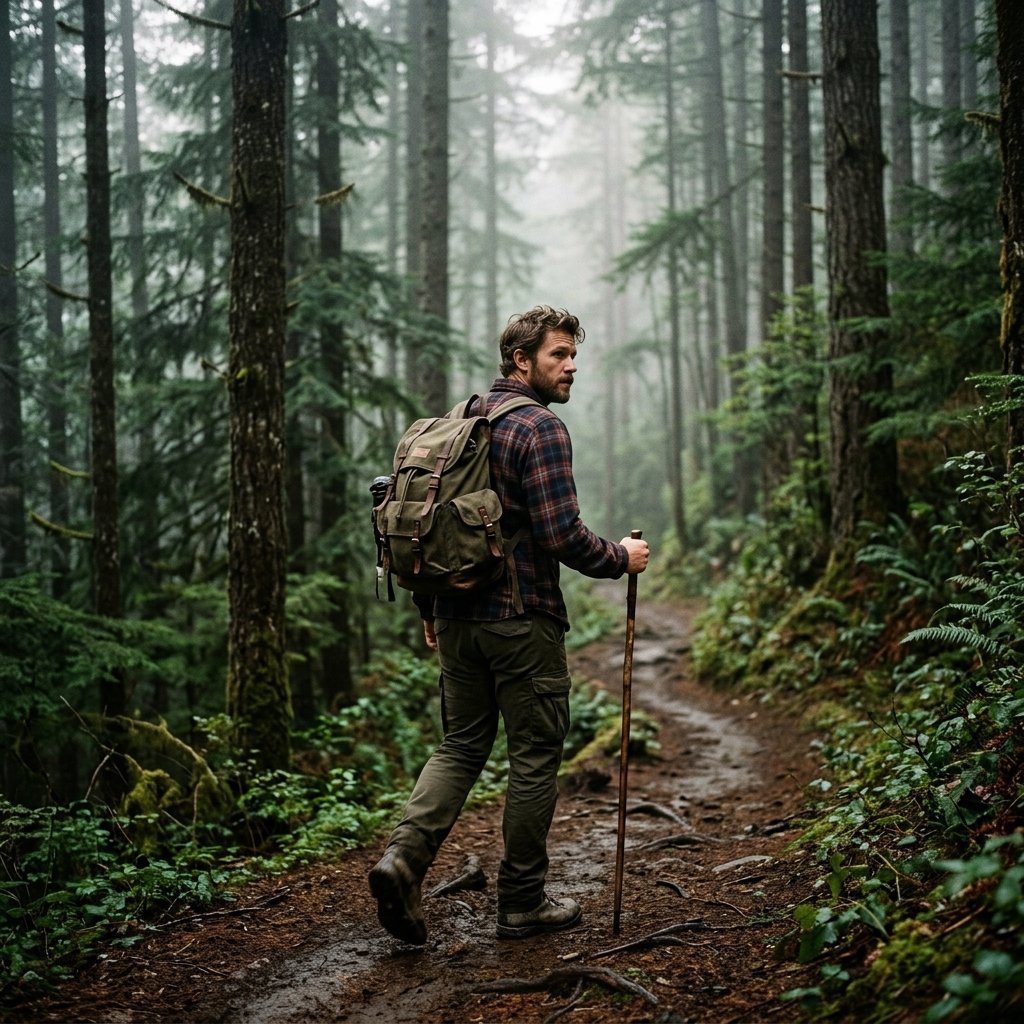 A ruggedly handsome man hiking through a misty pine forest, wearing a flannel shirt and backpack, so
