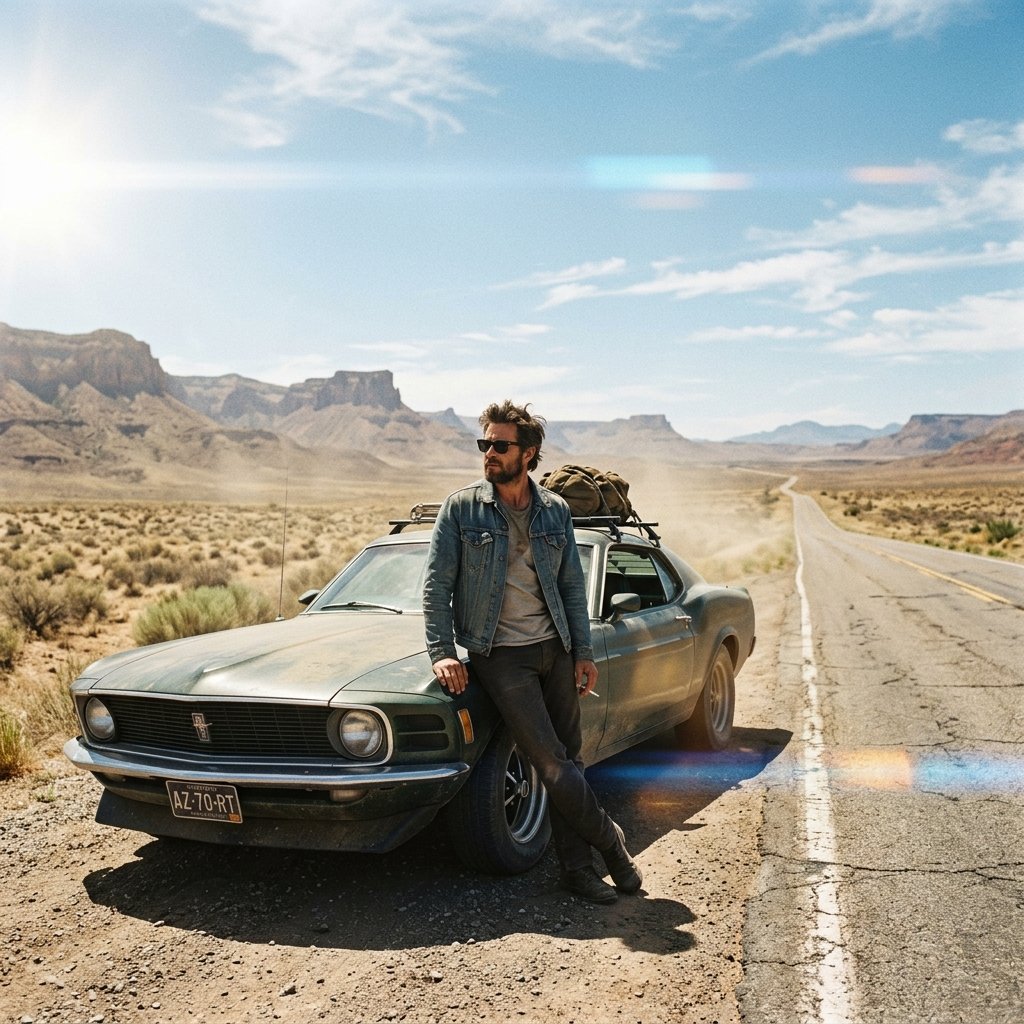 Cinematic wide shot of a man leaning against a vintage car in the desert, wearing sunglasses and a d
