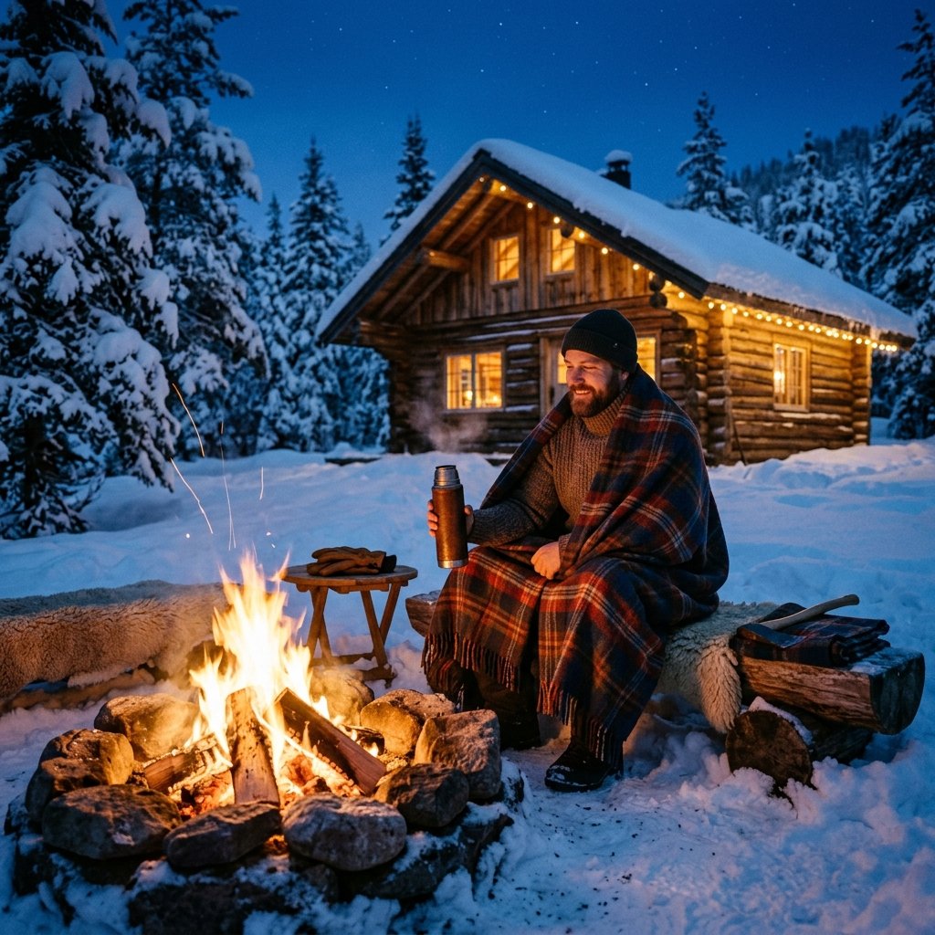 A man sitting by a fire pit outside a snowy wooden cabin, wrapped in a thick wool blanket, holding a