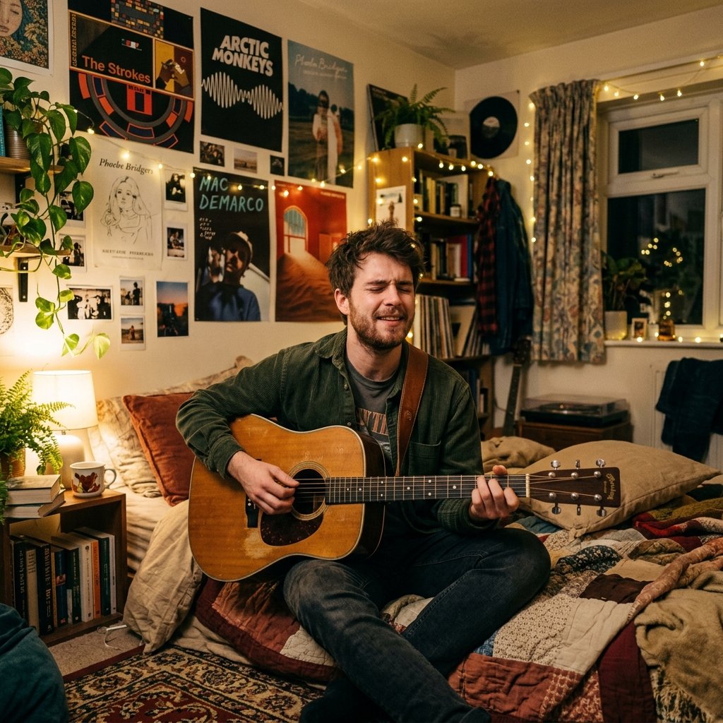 A handsome guy playing an acoustic guitar in a cozy, softly lit bedroom decorated with posters and f