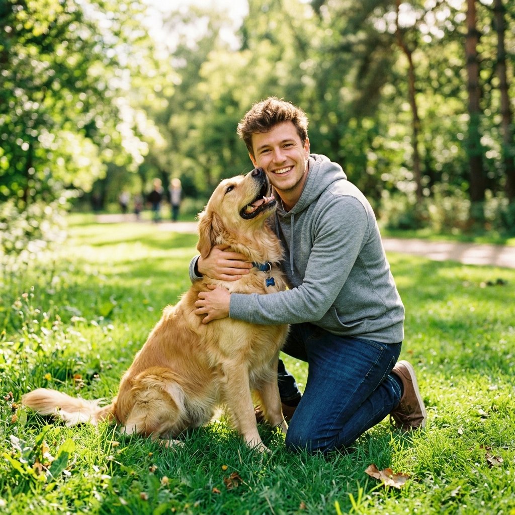 A cheerful guy kneeling in a sunny park with his golden retriever, wearing a casual hoodie, bright g