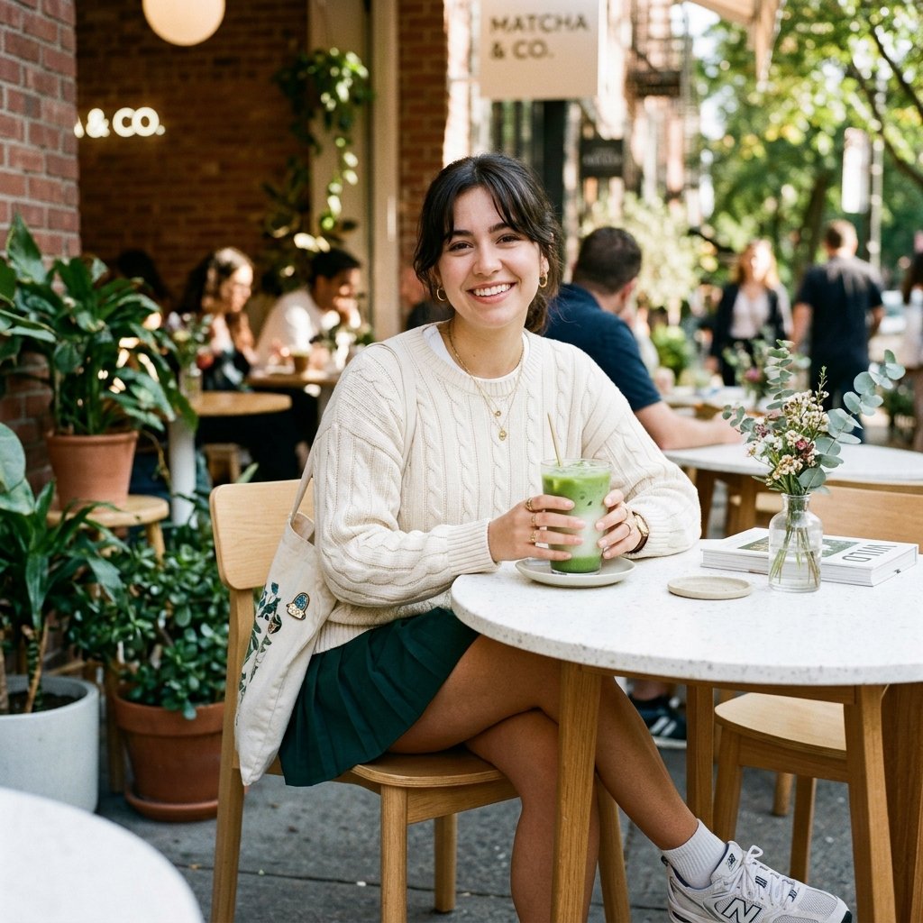 A pretty young woman sitting at an aesthetic white cafe table holding an iced matcha latte, wearing