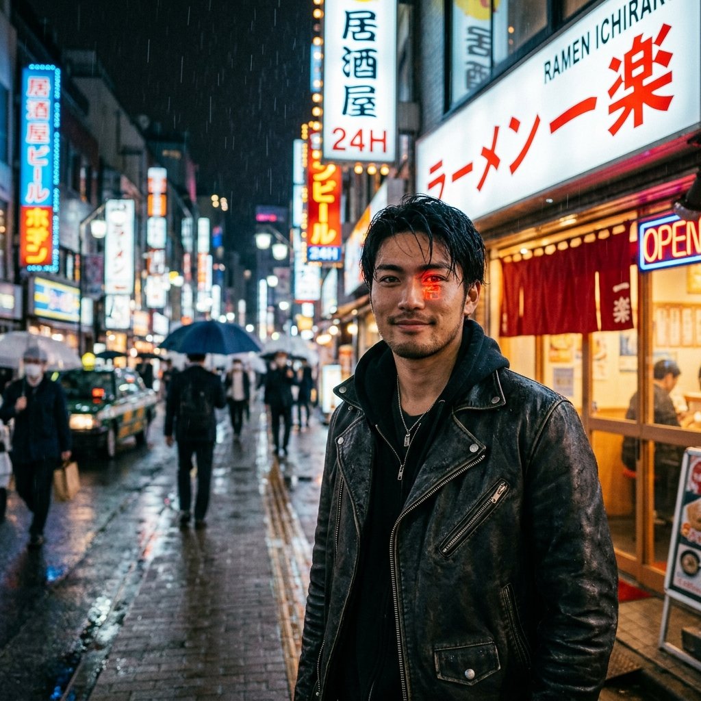 Moody evening portrait of a guy in a leather jacket standing outside a rainy ramen shop in Tokyo, ne