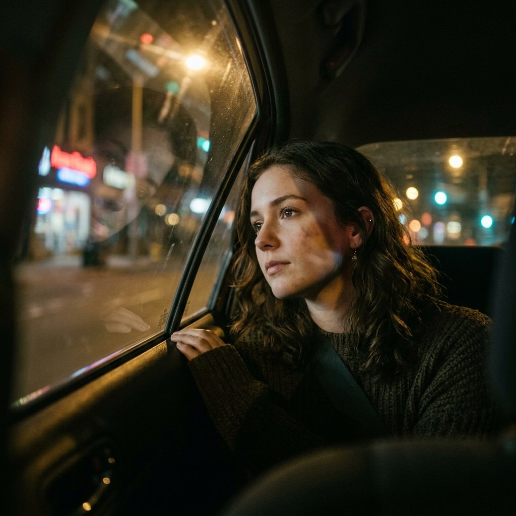 A beautiful girl in the passenger seat of a car looking out the window, streetlights illuminating he