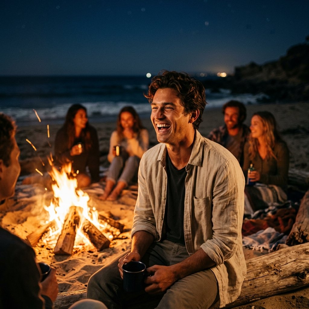 A group of friends out of focus in the background, sharp focus on a handsome guy laughing by a beach