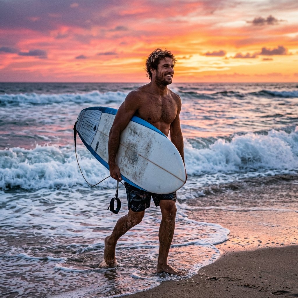 A fit guy walking out of the ocean carrying a surfboard under his arm, sea salt in his hair, sunset